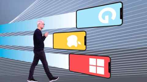 Montage of images of Tim Cook, and a trio of iPhone screens in the background with the logos of Google, Apple and Windows respectively