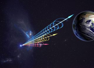 Earth in the upper right corner with red, yellow and blue wavelengths reaching it via a fast radio burst.