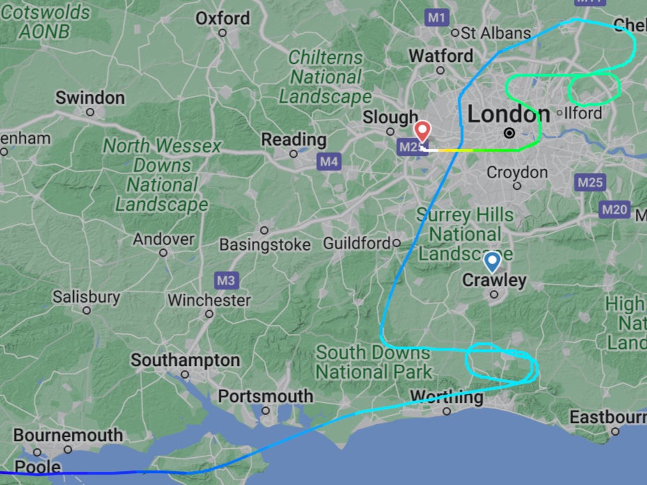 Circle game: Flight path of a British Airways 777 from Orlando to Gatwick, which was diverted to Heathrow due to a sister aircraft stuck on the runway