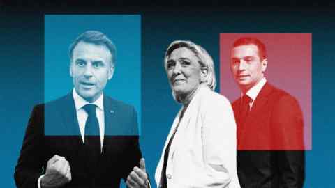 Montage image of Emmanuel Macron, Marine Le Pen and Jordan Bardella