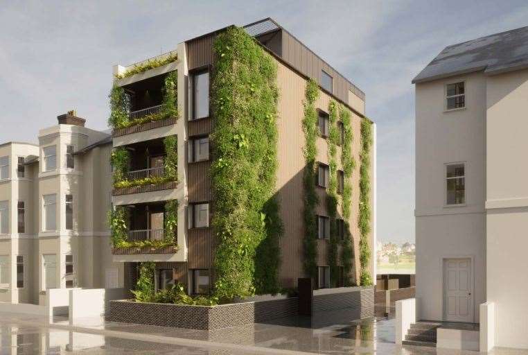 The new flats in West Cliff Gardens will feature vertical planting in an attempt to reflect the wooded landscape of the nearby parish church of St Mary and St Eanswythe