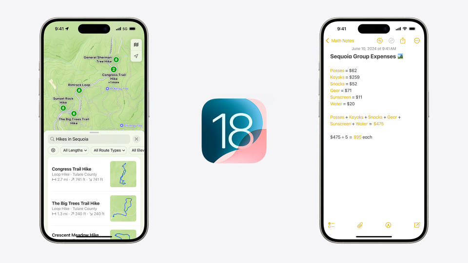 Two iPhones separated by the iOS 18 logo, showing the Map app and the Notes app respectively.