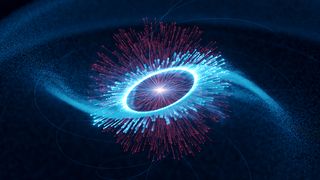 Artist's impression of the Vela pulsar, center, and its magnetosphere, whose edge is marked by the bright circle.  The blue tracks traveling outward represent paths of accelerated particles.  These produce gamma rays along the arms of a rotating spiral by colliding with infrared photons emitted into the magnetosphere (in red).