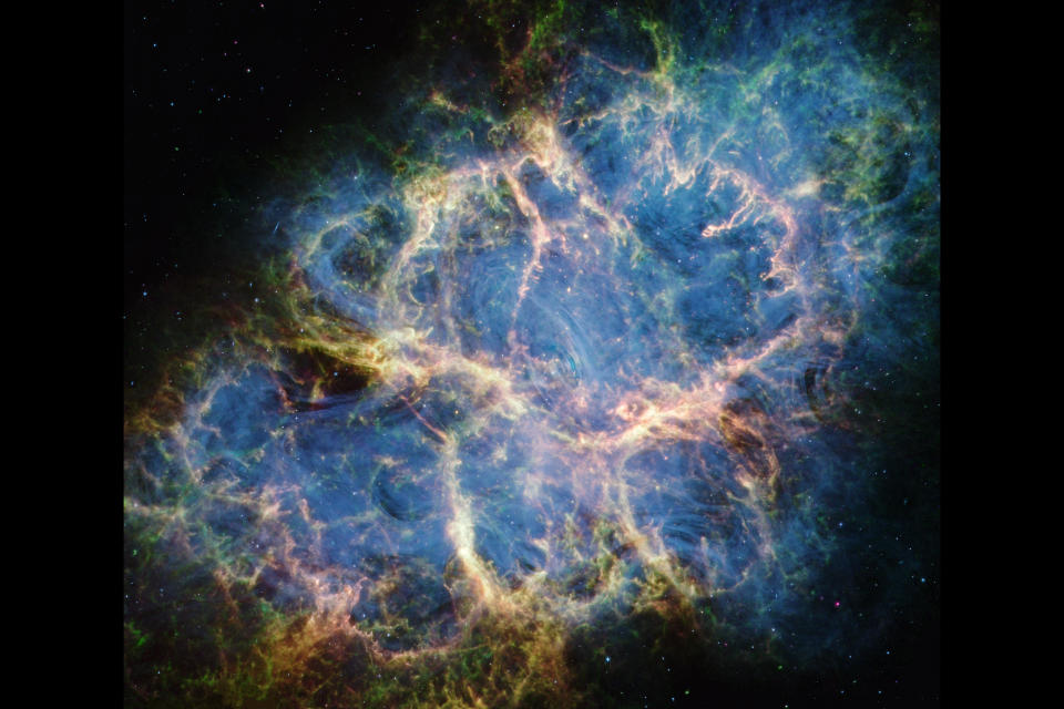 This image, taken by NIRCam and MIRI from NASA's James Webb Space Telescope, shows several structural details of the Crab Nebula.