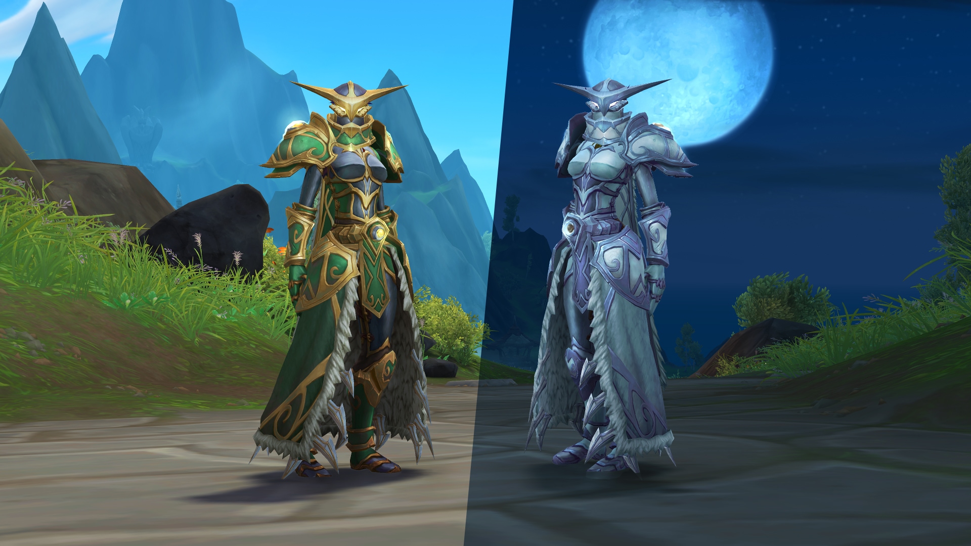 Night elf in gold and green during the day on the left and silver and white under the moon on the right