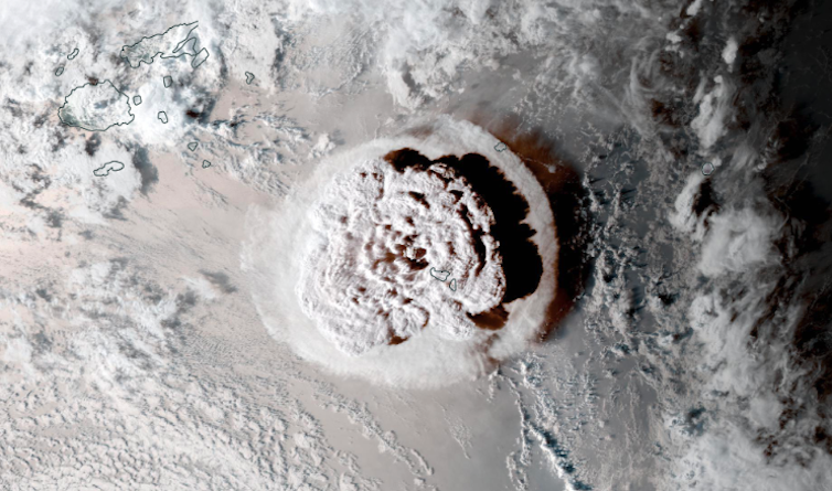 Satellite photo of a huge cloud rising after a volcanic eruption.