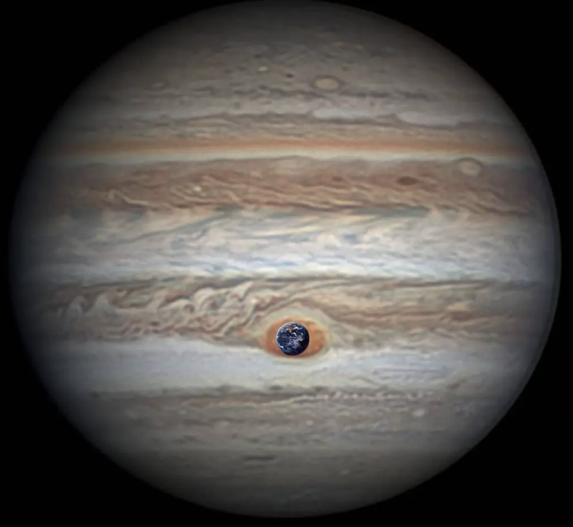 The Great Red Spot, as seen in April 2017, with Earth over it. 