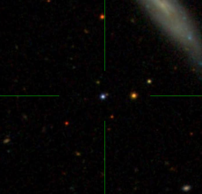 Blue, orange and yellow points of light against a black background in a green crosshair