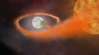 A white orb illustration surrounded by a trail of orange gas leading to a glowing star in the upper right of the scene.