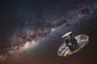 A spacecraft in the shape of a top hat against a black background with a large tear of white material and black tendrils running through it