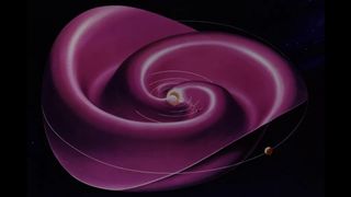 the sun is at the center and a spinning purple sheet extends far into the solar system.  It looks a bit like a dancer's skirt that ripples and wrinkles as they twirl.