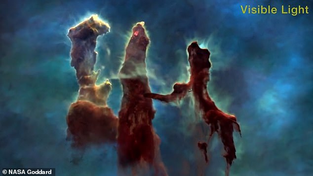 the visible light spectrum clearly shows the clouds of dust and cool molecular hydrogen that form the Pillars of Creation