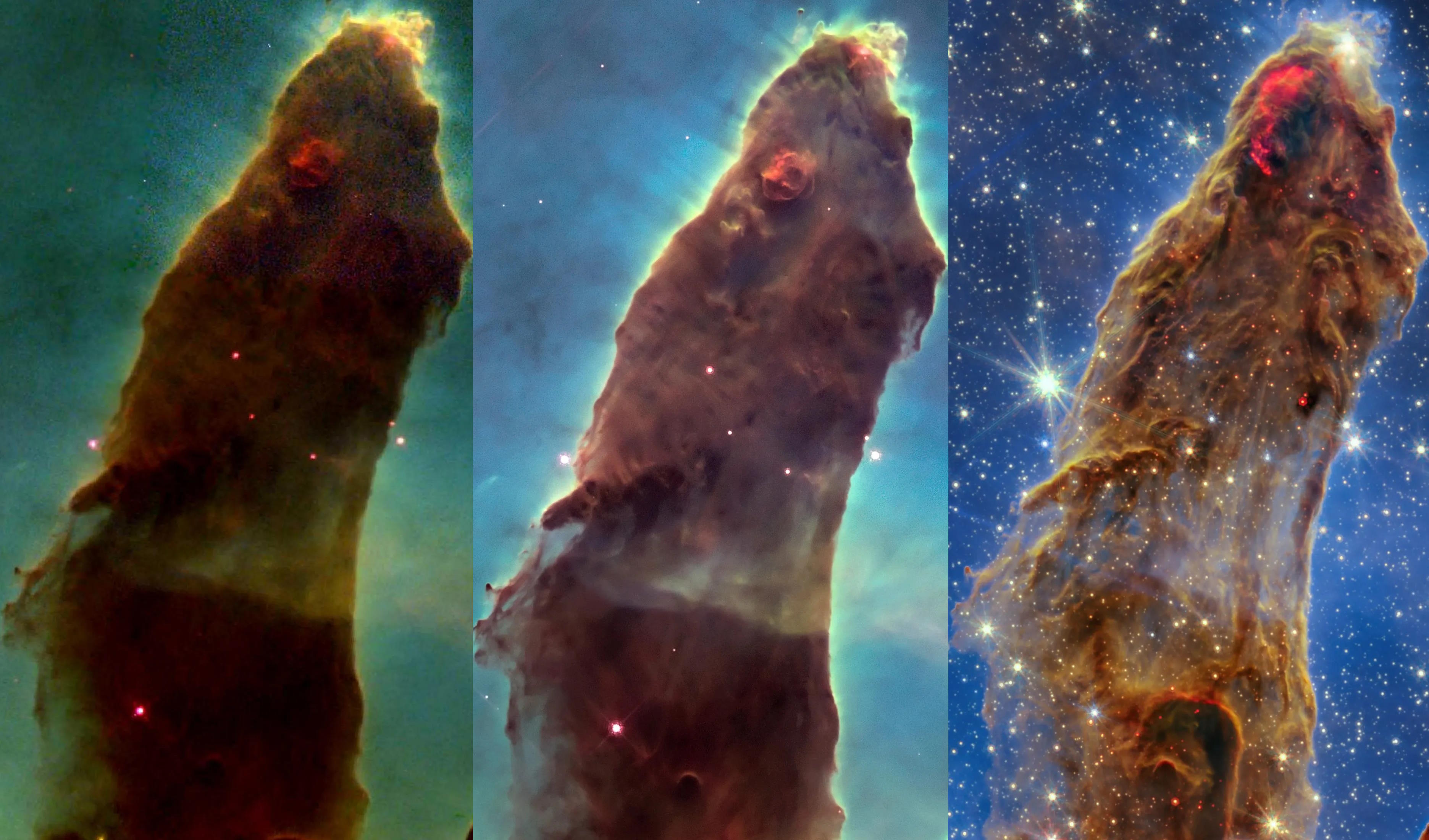 Three images of the same column of heaven from the Eagle Nebula, known as the Pillars of Creation, captured by Hubble (left, center) and James Webb (right) telescopes, show progressive details and color variations from green to blue to starfield.