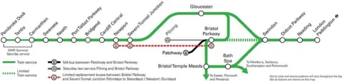 Network Rail map showing diversions while the Severn Tunnel is closed