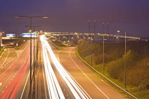 Getty Images A photo of the second Severn Bridge at night