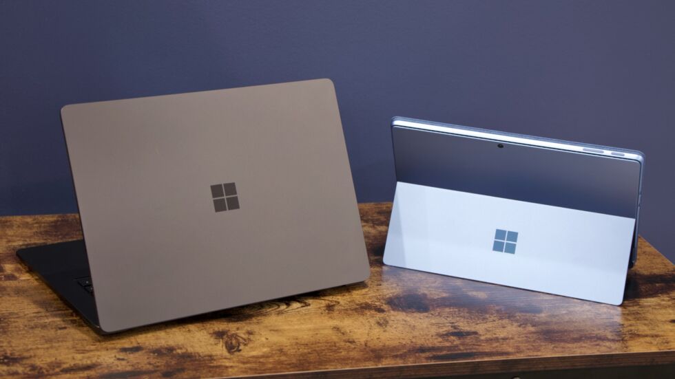 The Surface Laptop 7 (left) and Surface Pro 11 (right) are similar in appearance to or even identical to their Intel-powered predecessors. 