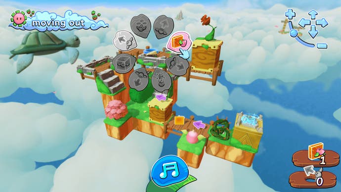 A screenshot from the bright and colorful game Tempopo. It shows a roughly square floating level filled with steps, bridges, and walkways - puzzles for your cute little blob-like creature to overcome.