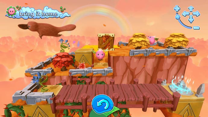 A screenshot from the bright and colorful game Tempopo. It shows a roughly square floating level filled with steps, bridges, and walkways - puzzles for your cute little blob-like creature to overcome.