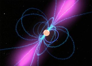 An orange sphere with blue arcs connecting the poles and tapering purple clouds along a tilted axis running through it