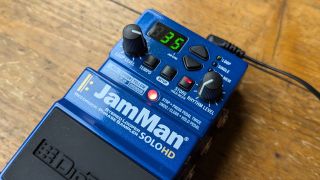 Close-up of the front panel of a DigiTech JamMan Solo HD looper pedal