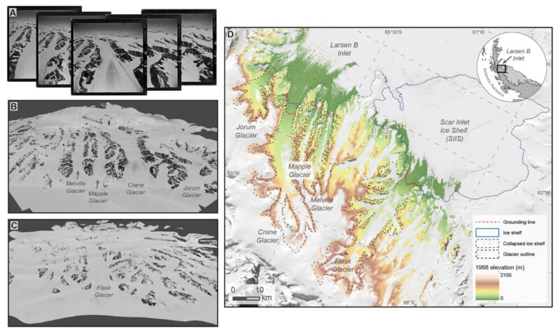 Composite image showing different perspectives of Antarctic glaciers around the Larsen B Ice Shelf. Different maps in panels show elevation changes, ground contours and glacier positions, with emphasis on areas such as Melville, Crane, Mapple, Jorum and Flask Glaciers.