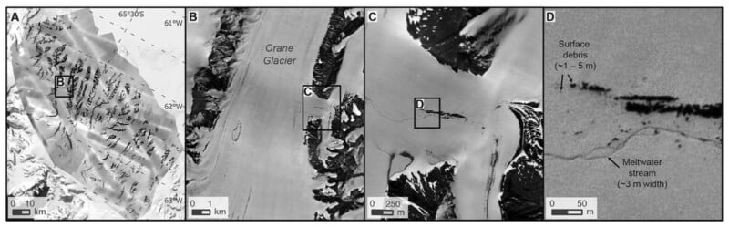 A four-panel image shows satellite images of Crane Glacier, with highlighted boxes for areas of interest. Each panel zooms in closer, culminating in the detailed view of surface debris and a meltwater stream in the final panel.