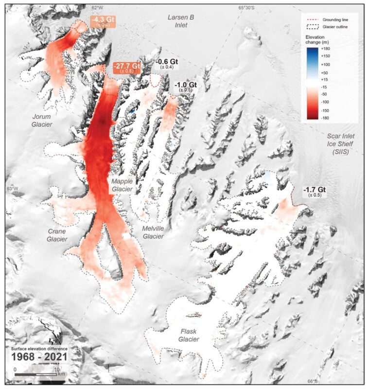 Map of changes in surface elevation in glaciers from 1968-2021 in the Antarctic Peninsula. Areas in red show significant elevation loss, particularly in Mappie Glacier. Larsen B Inlet, Crane Glacier, and other landmarks are highlighted.