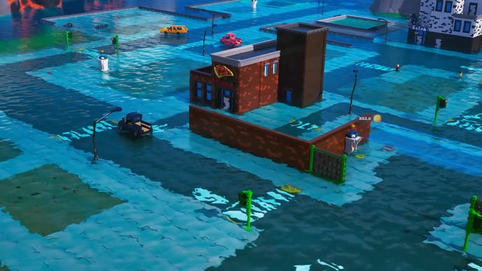 Lego Tycoon: Tilted Towers screenshot of a flooded Tilted Towers.