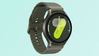 Leaked image of Samsung Galaxy Watch 7 in forest green on a teal background