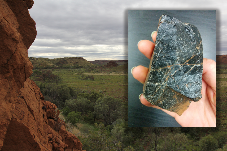 Inset - a piece of black flint. Background - the Pilbara landscape where the rock was discovered in 2013.