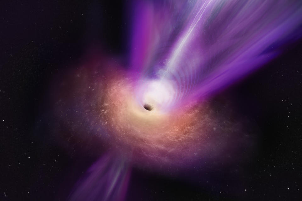 Artist's impression of a supermassive black hole surrounded by a purple-orange disk of glowing dust and guest