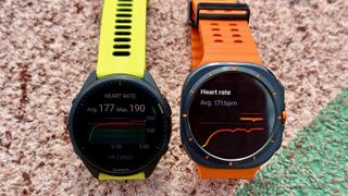 The Samsung Galaxy Watch Ultra (right) and the Garmin Forerunner 965 (left) show the average heart rate after a running session on the track.