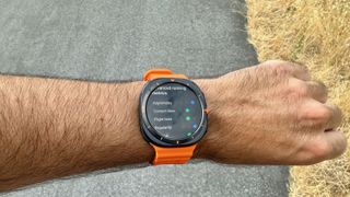 The Samsung Galaxy Watch Ultra shows the author's running stride data after a running session.