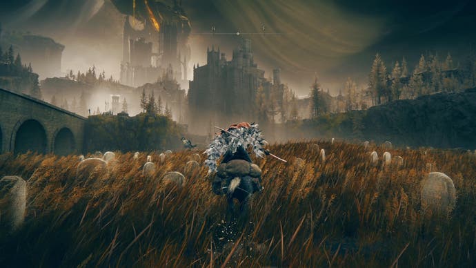 Screenshot from Elden Ring Shadow of the Erdtree showing a mounted player character running past spooky graves with a shadowy giant tree in the distance