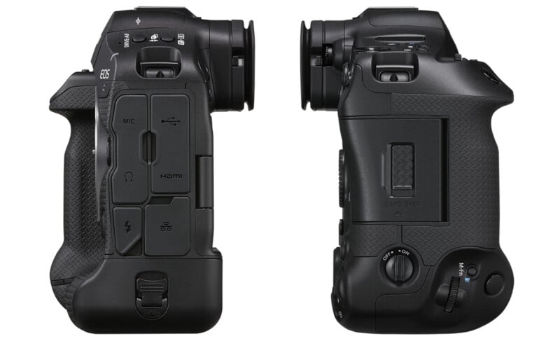 Front and rear views of a black EOS DSLR camera body showing various ports, buttons and a textured grip on one side, while the other side shows more controls and a grip for holding the camera.