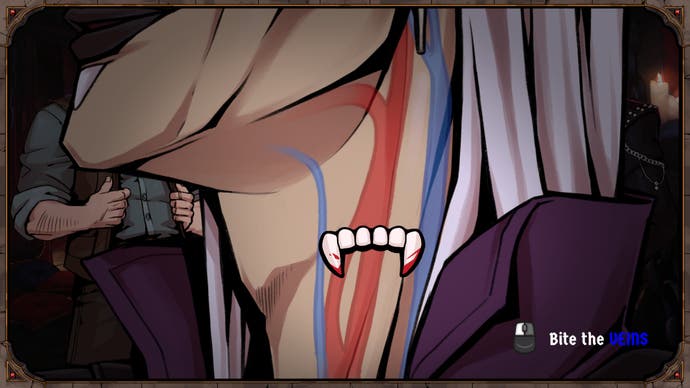 A screenshot from the visual novel Vampire Therapist showing a neck-biting sequence. Fangs are floating above a character’s neck and we can see the red or blue arteries underneath. We need to grab the right one.