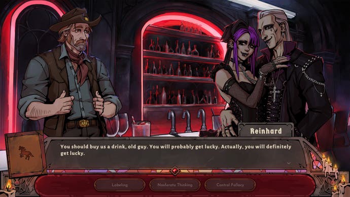 A screenshot from the visual novel Vampire Therapist, where cowboy Sam talks to two goths in a red-colored bar. They let him drink from them. They get a kick out of it. It’s mutually beneficial.