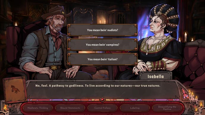 A screenshot from the visual novel Vampire Therapist. Cowboy Sam interrogates Isobella, a character from the Renaissance.