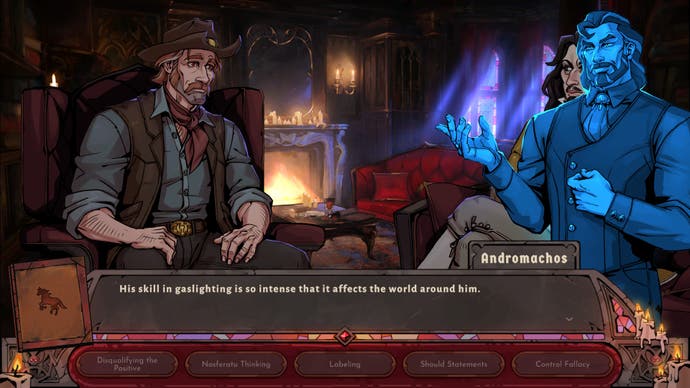 A screenshot from the visual novel game Vampire Therapist showing the character Sam, a cowboy, on the right, talking to a dramatic actor on the right. Here, the blue ghost of vampire therapist teacher Andromachos has interrupted him because Sam, the player, got one of his assumptions wrong.