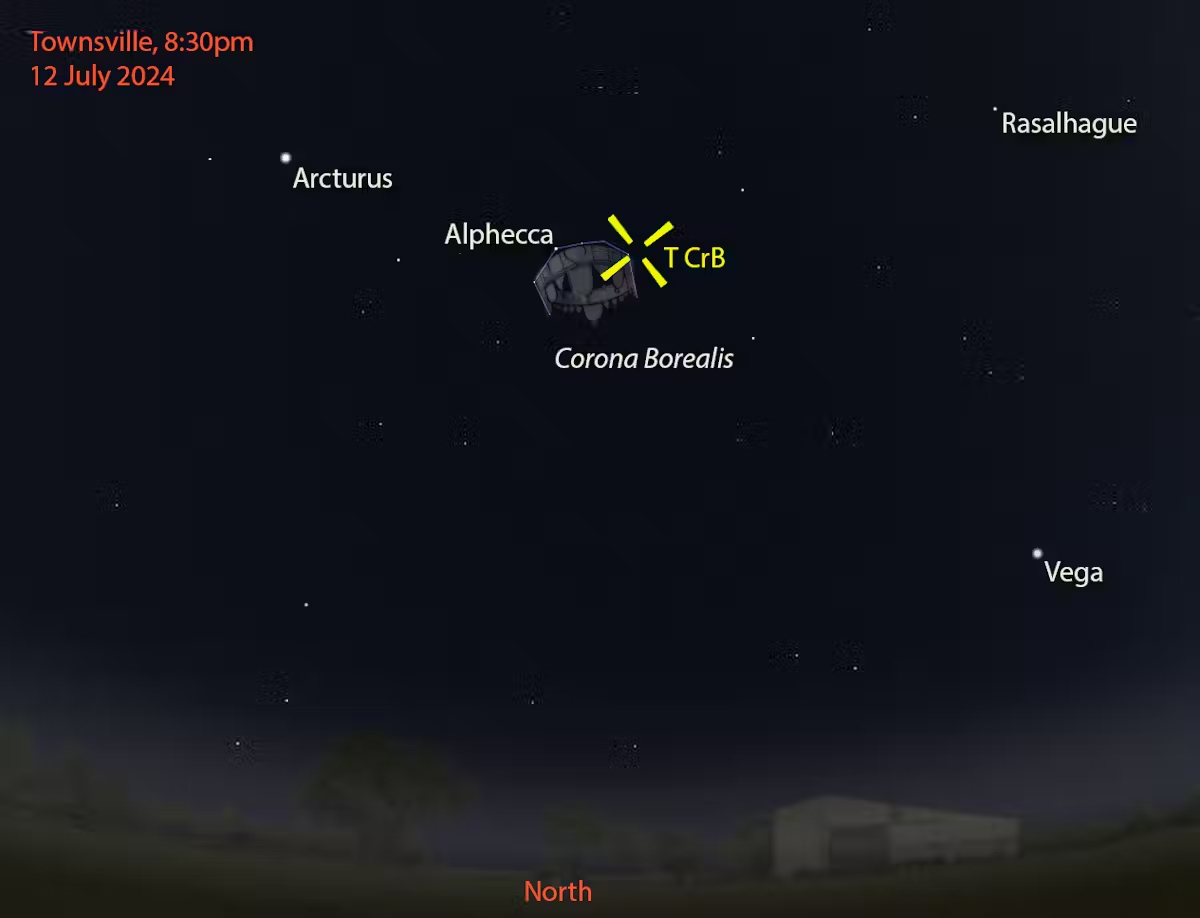 Map of the night sky showing the location of T CrB in the north.