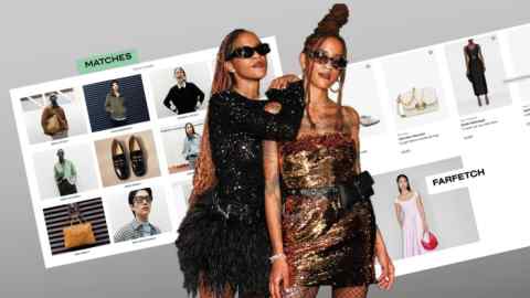 Two women in cocktail dresses stand in front of fashion retailer web pages