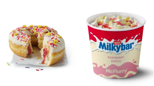 AMcDonald's birthday cake donut and Milkybar Raspberry Ripple McFlurry