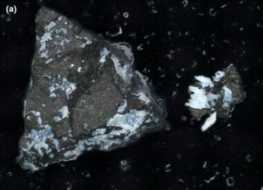 This image shows reflective phosphate in one of the rocks in the Bennu sample.  The presence of phosphates suggests a watery past.  Image courtesy of Lauretta et al. 2024.