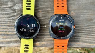 The Samsung Galaxy Watch Ultra (right) and Garmin Forerunner 965 (left) show post-run summaries of distance, time and pace.