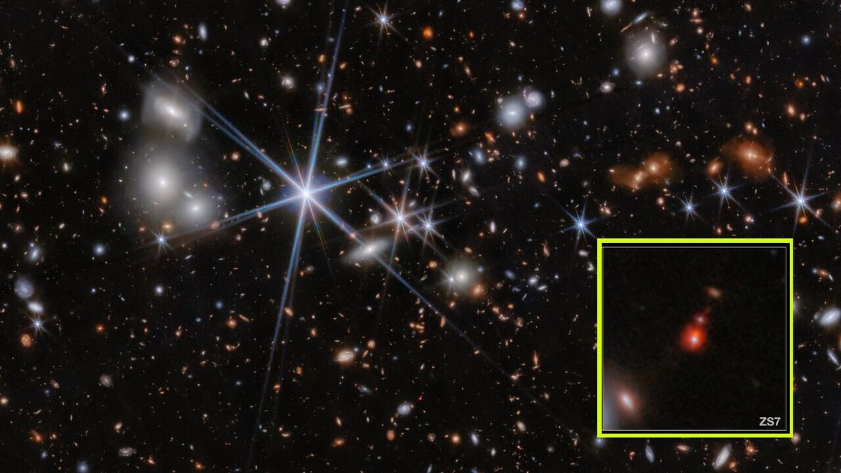 This image shows the environment of the galaxy system ZS7 as seen by the James Webb Space Telescope. A zoomed-in look at the merging black hole system is inset in yellow.