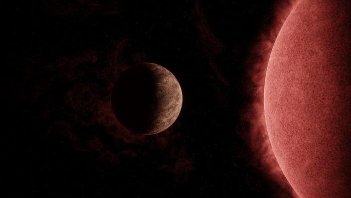 a rocky planet orbiting a hot red star in space