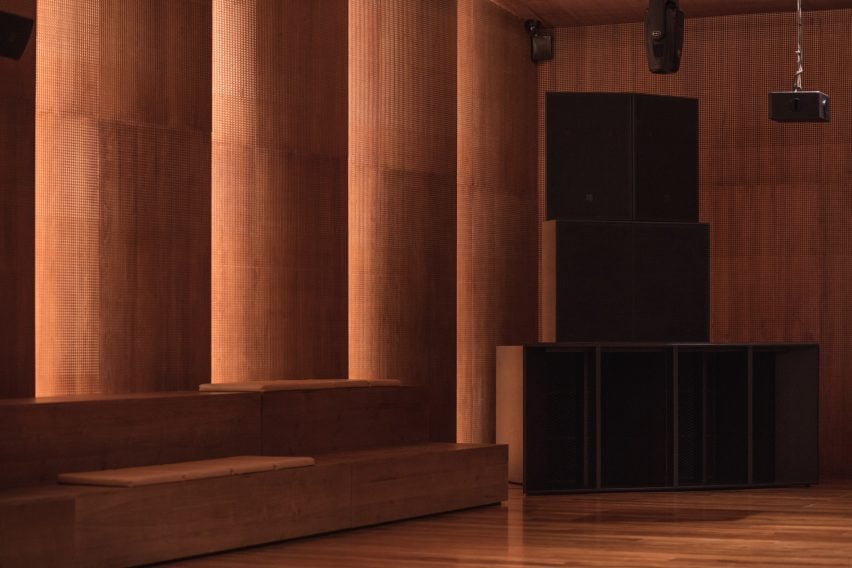 Speakers mounted on concrete pads that absorb vibrations