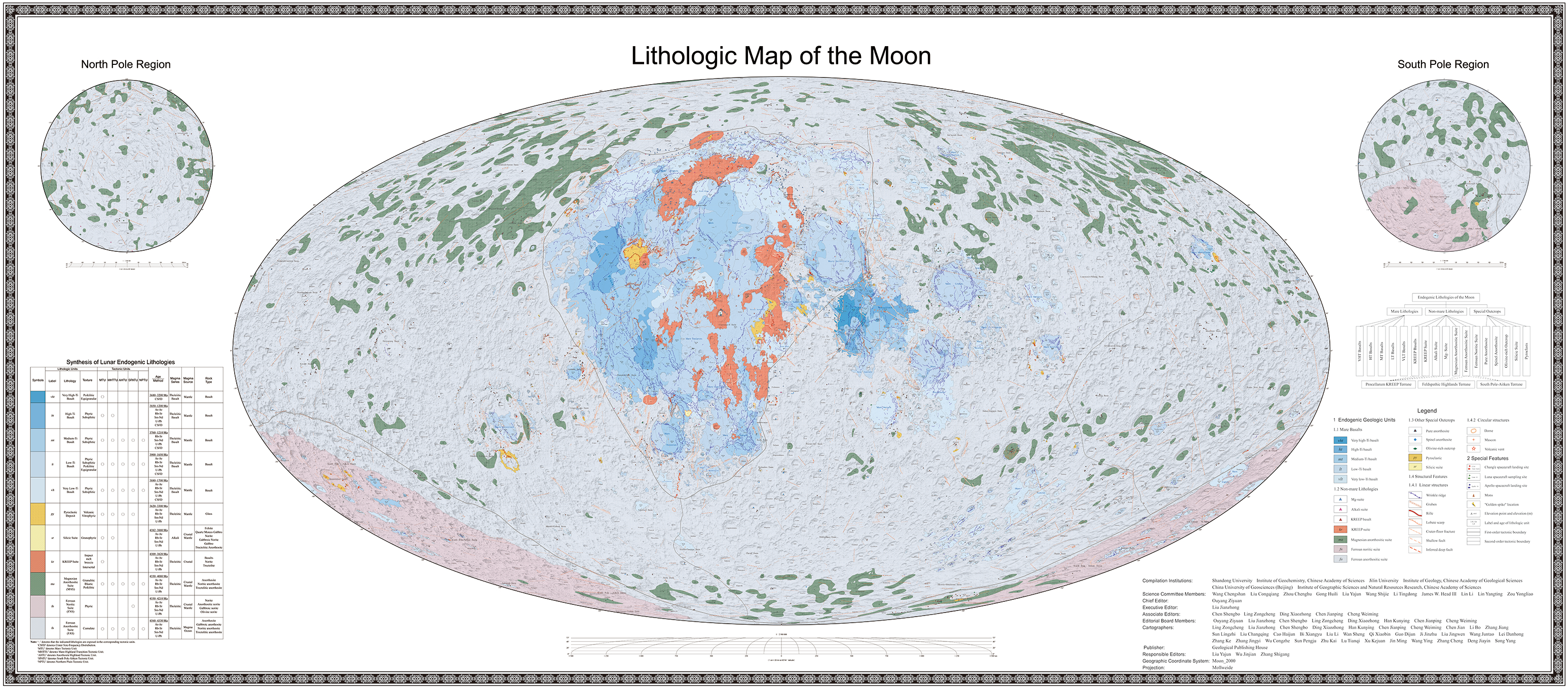 The lithographic map shows the moon in a new way, showing the different types of rocks according to their color