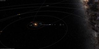 an illustration of the solar system, with a comet approaching Earth in a wide arc.  it is currently found between the circular orbits of Mars and Jupiter