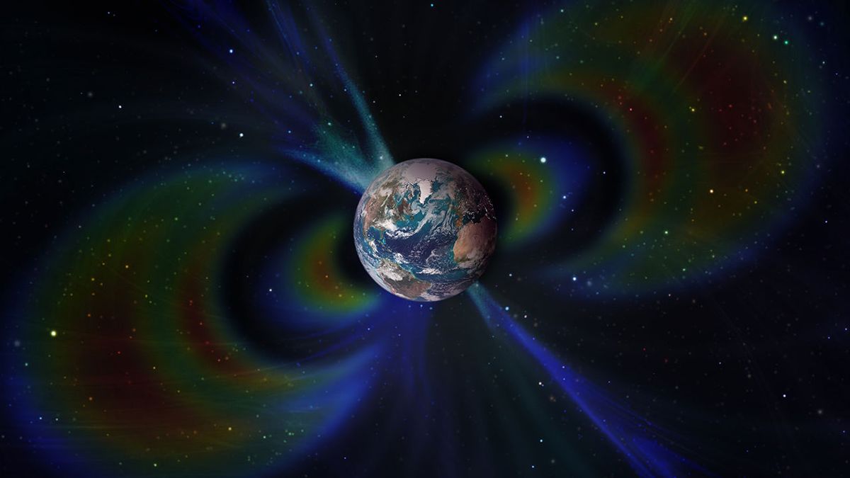 Geomagnetic field around planet Earth in space.